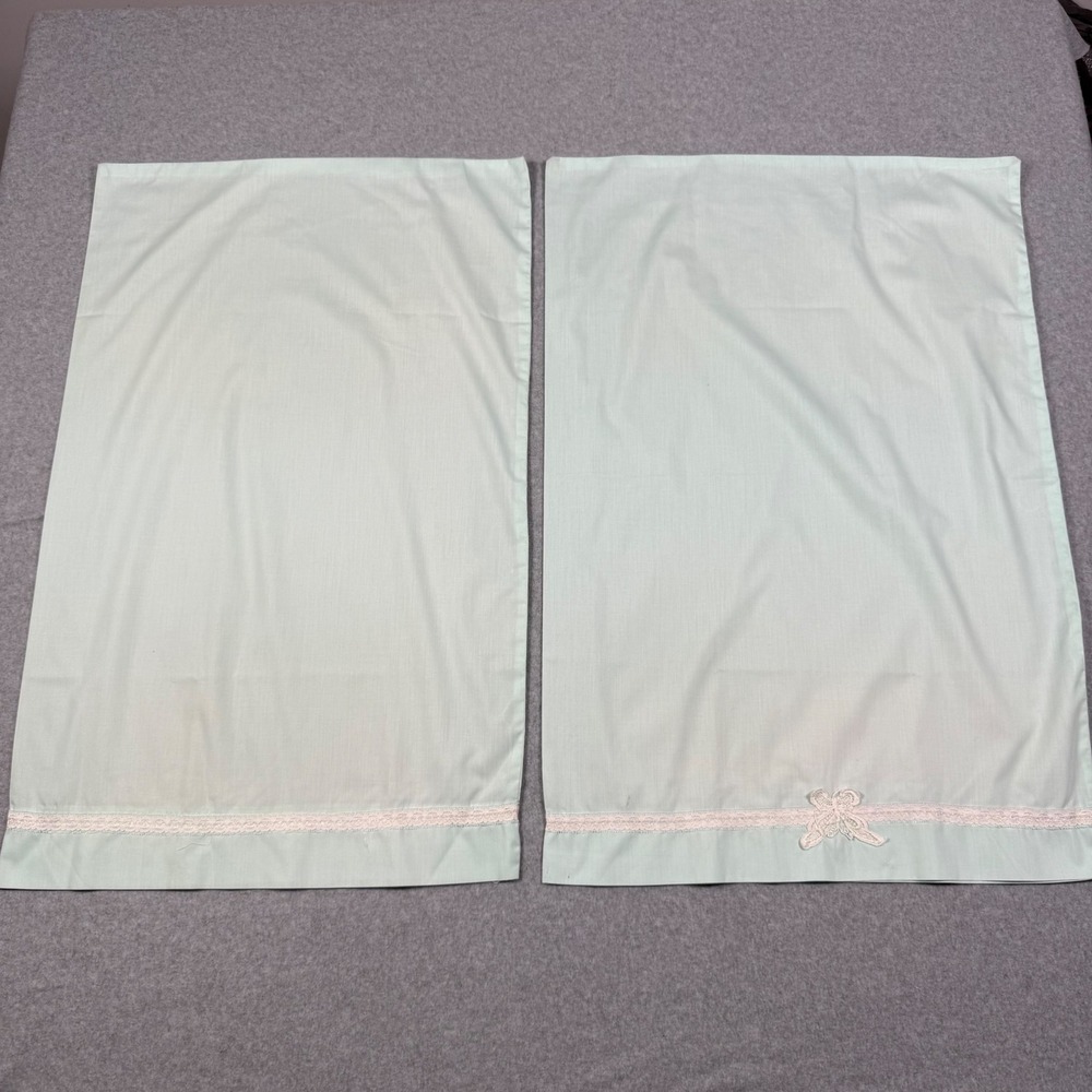 Vintage Mint Green Pillowcase Pair Lace Trim Butterfly Applique Standard Size